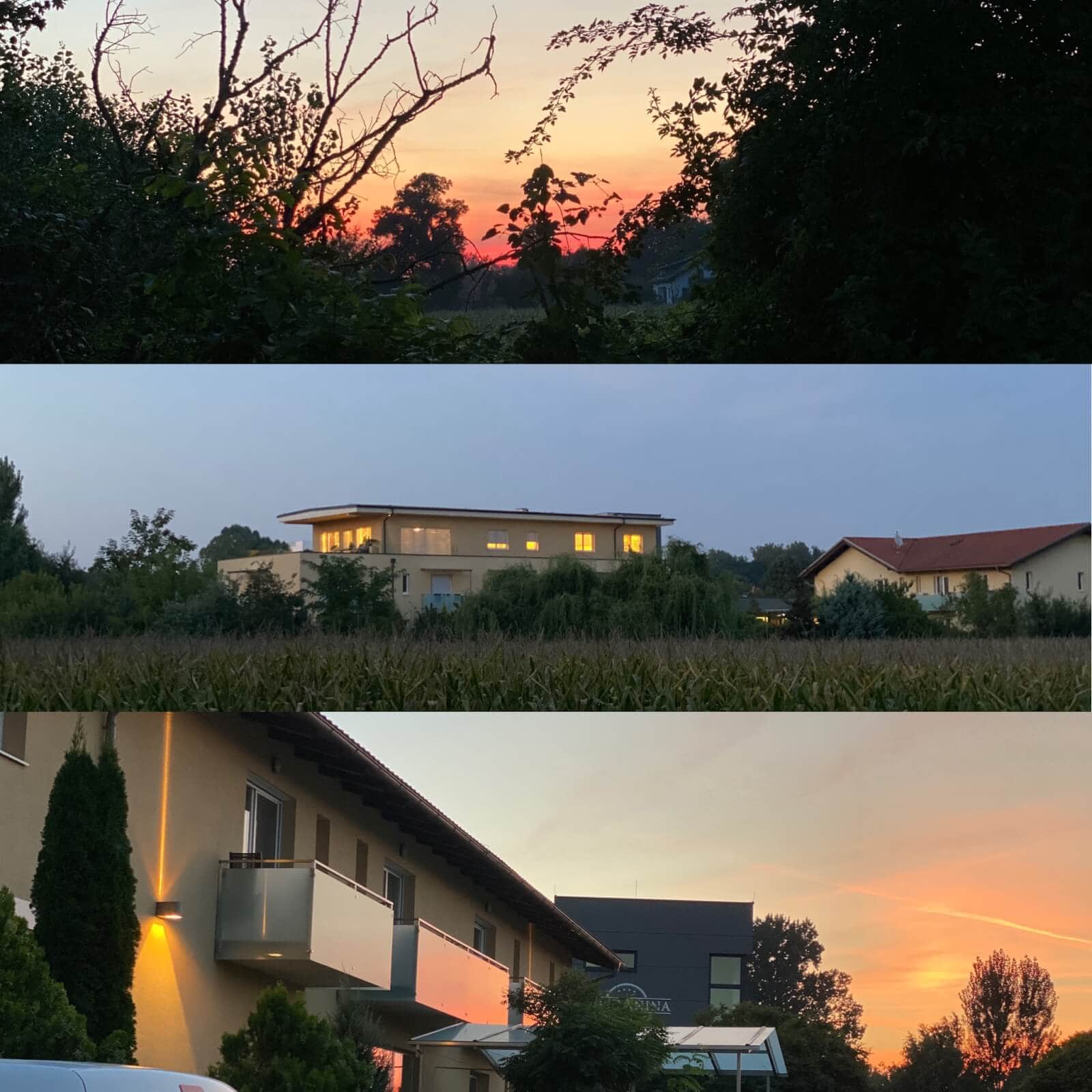 Sonnenuntergang über dem Toscanina Hotel in ruhiger Umgebung, ideal für Erholung.