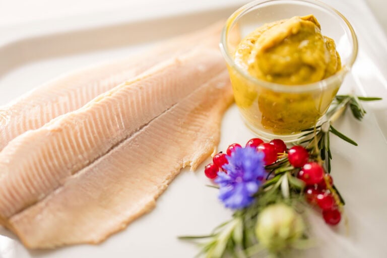 Frischer Fisch mit Zitronen, Kräutern und Senf in einem Glas.